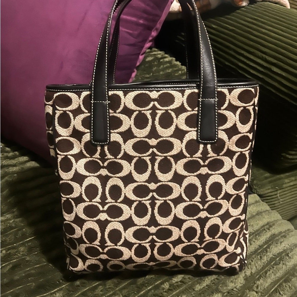 RARE Vintage Coach Monogram Wool Tote with Black Leather Trim Style# 8181